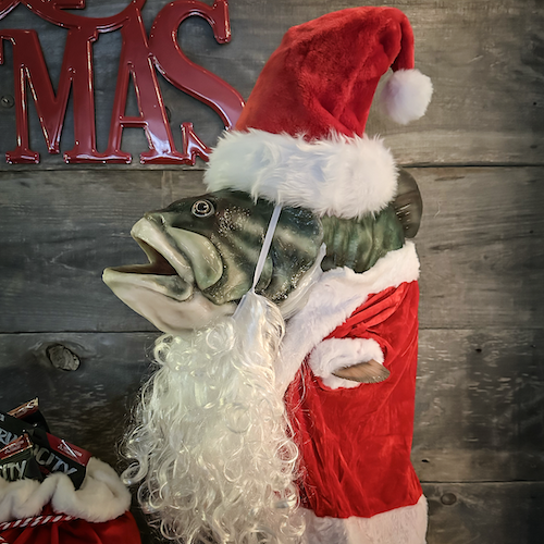 A puppet bass fish dressed up in red santa gear and white beard