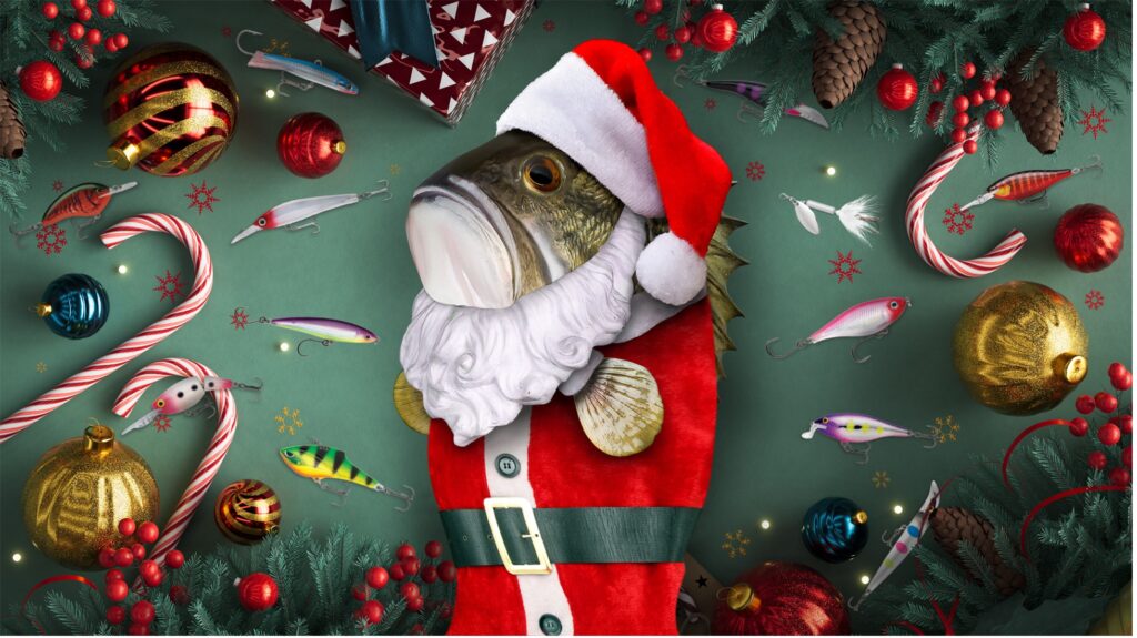 Bass dressed as santa surrounded by candy canes ornaments and fishing lures.