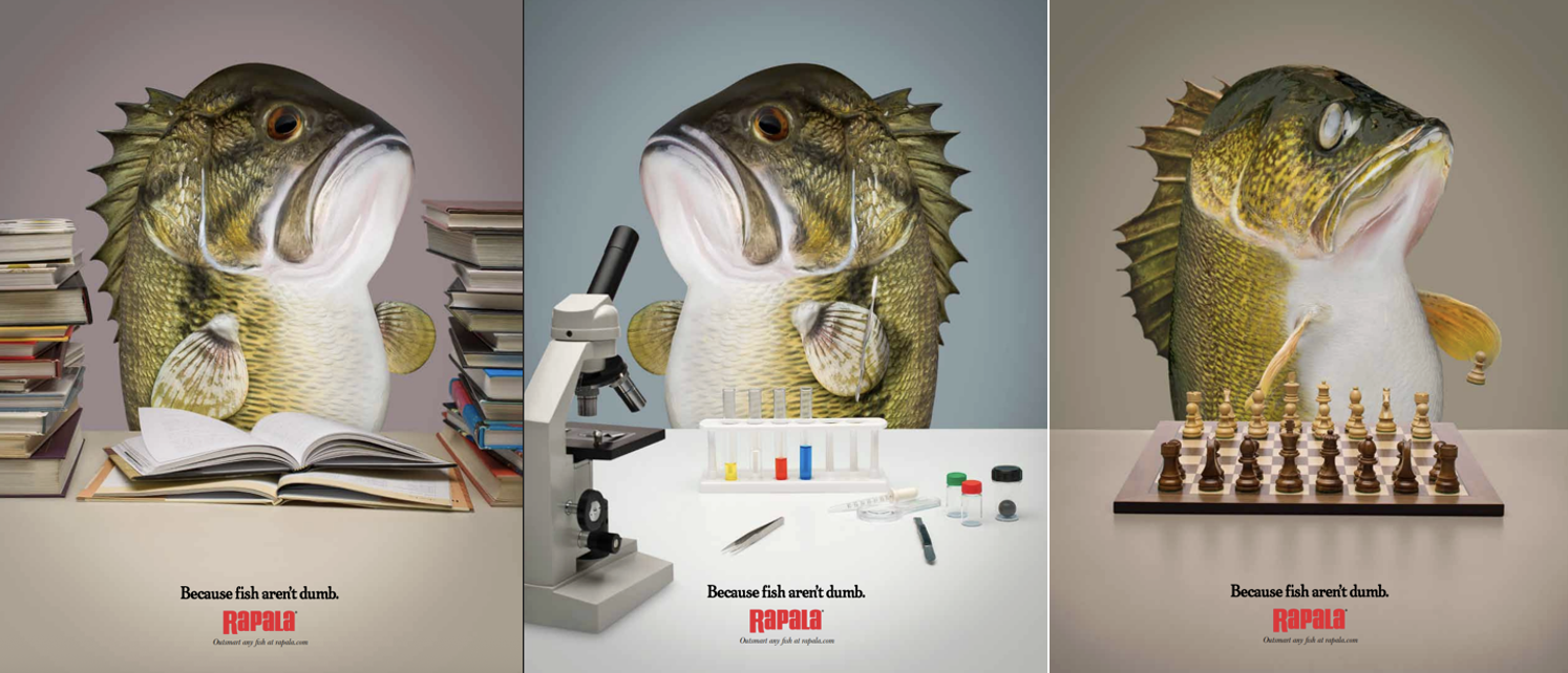 Bass and walleye play chess, read, and work in a chemistry lab